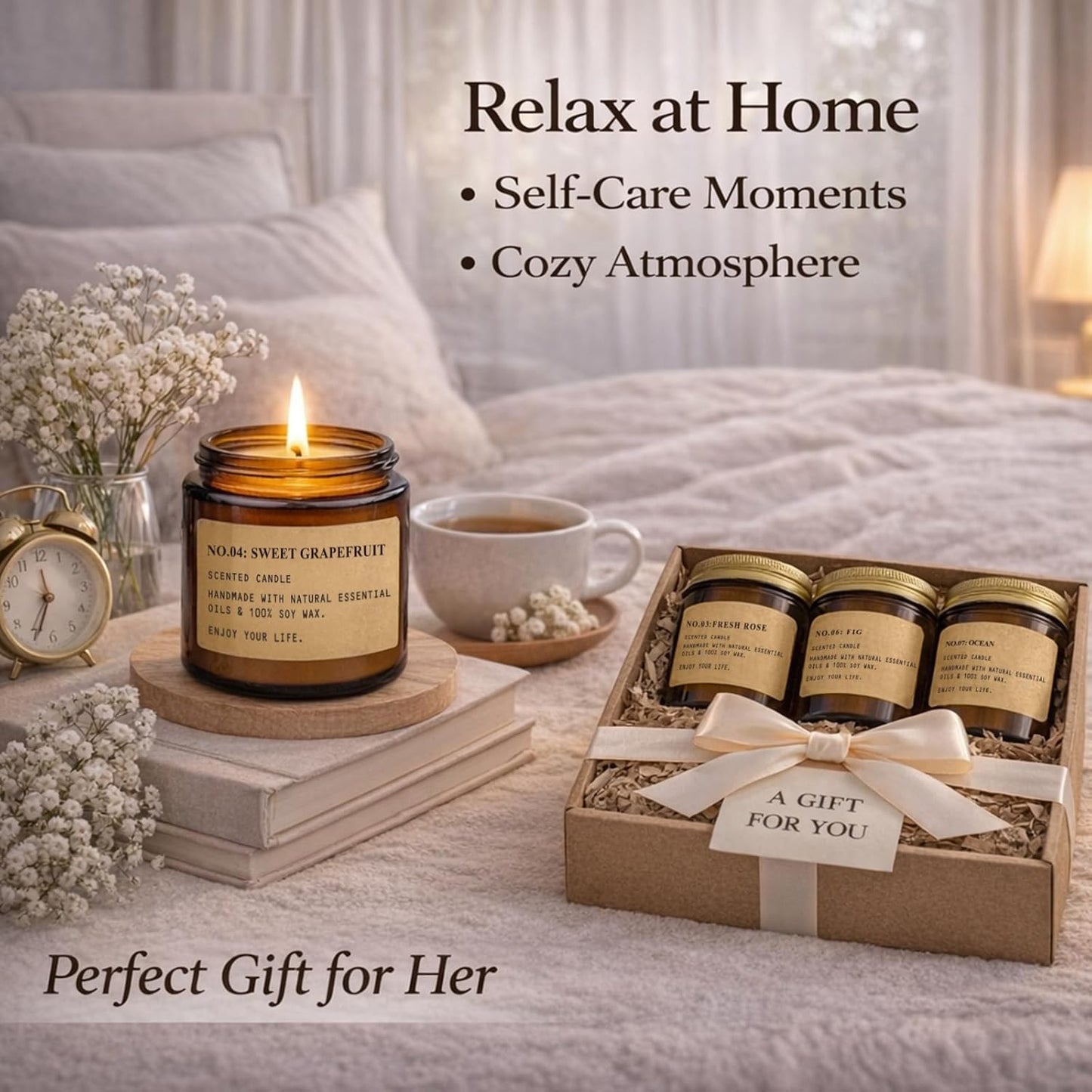 Scented Candles for Home, 8 Pack Soy Wax Candle Set, Aromatherapy Candles, Amber Jar Vintage Apothecary Style, 8 Scents Gift Set