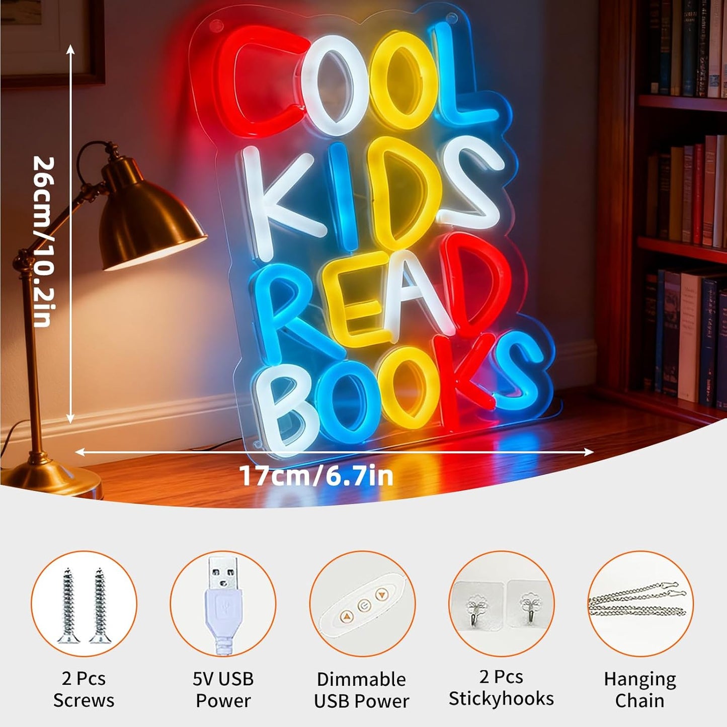 Cool Kids Read Books Neon Sign, USB Powered Dimmable Decorative Neon Light Home Kids Room Classroom Library Reading Themed Decor Wall Table Light Up Sign 10.2 x 6.7 In