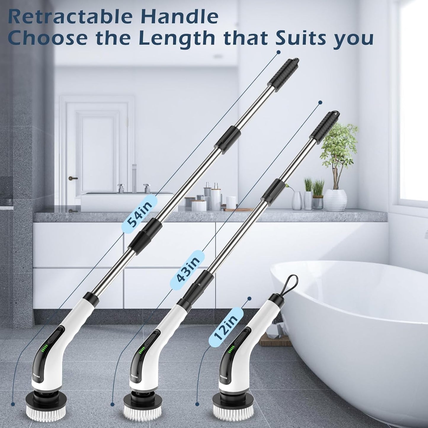 Electric Spin Scrubber, Cordless Cleaning Brush Scrubber for Home, 8 Replaceable Brush Heads-90Mins Work Time, 3 Adjustable Size, 2 Speeds for Bathroom Shower Bathtub Glass Car