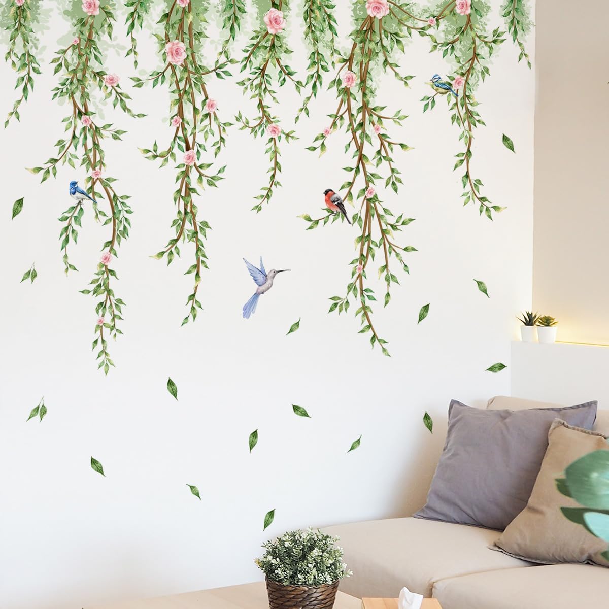 Runtoo Hanging Vines with Flowers Wall Decals Green Plant Leaves Bird Wall Stickers for Bedroom Living Room Wall Art Decor