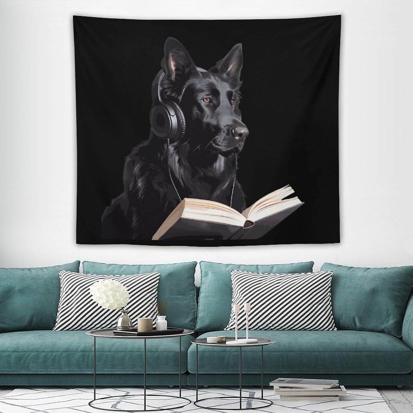 German Shepherd Wearing Headphones Reading Tapestry Photography Backdrop Wall Hanging Aesthetic Blanket Living Room Bedroom Decor Picnic Beach Mat