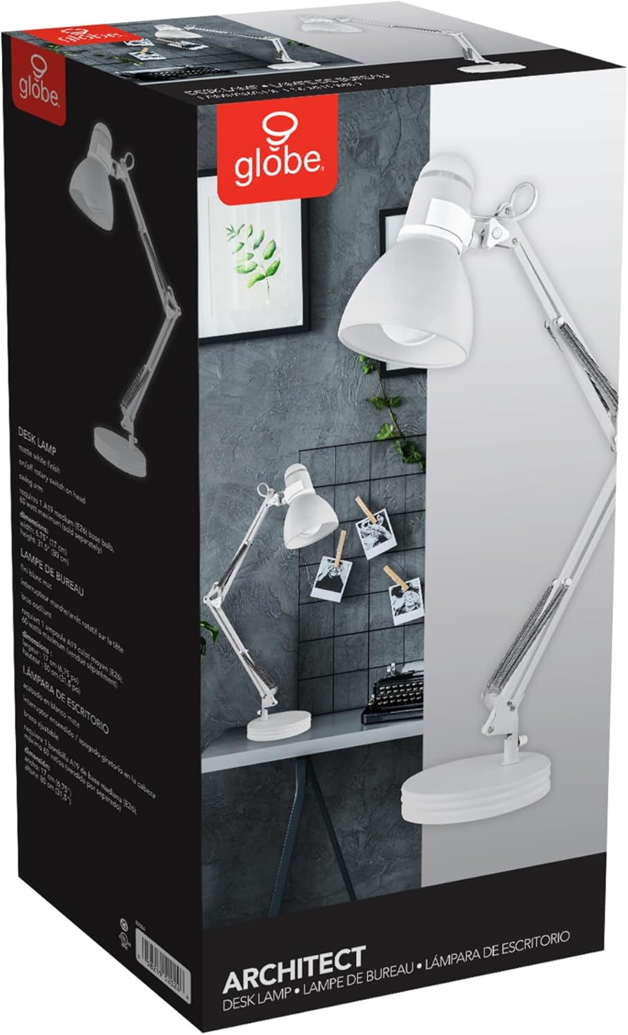 Globe Electric 52024 71.1cm(28인치) 스윙 암 건축가 책상 램프, 매트 화이트, 그늘의 회전 스위치, 부분적으로 조절 가능한 암, 침실 또는 사무실을 위한 현대적인 조명, 유행을 타지 않는 실내 조명