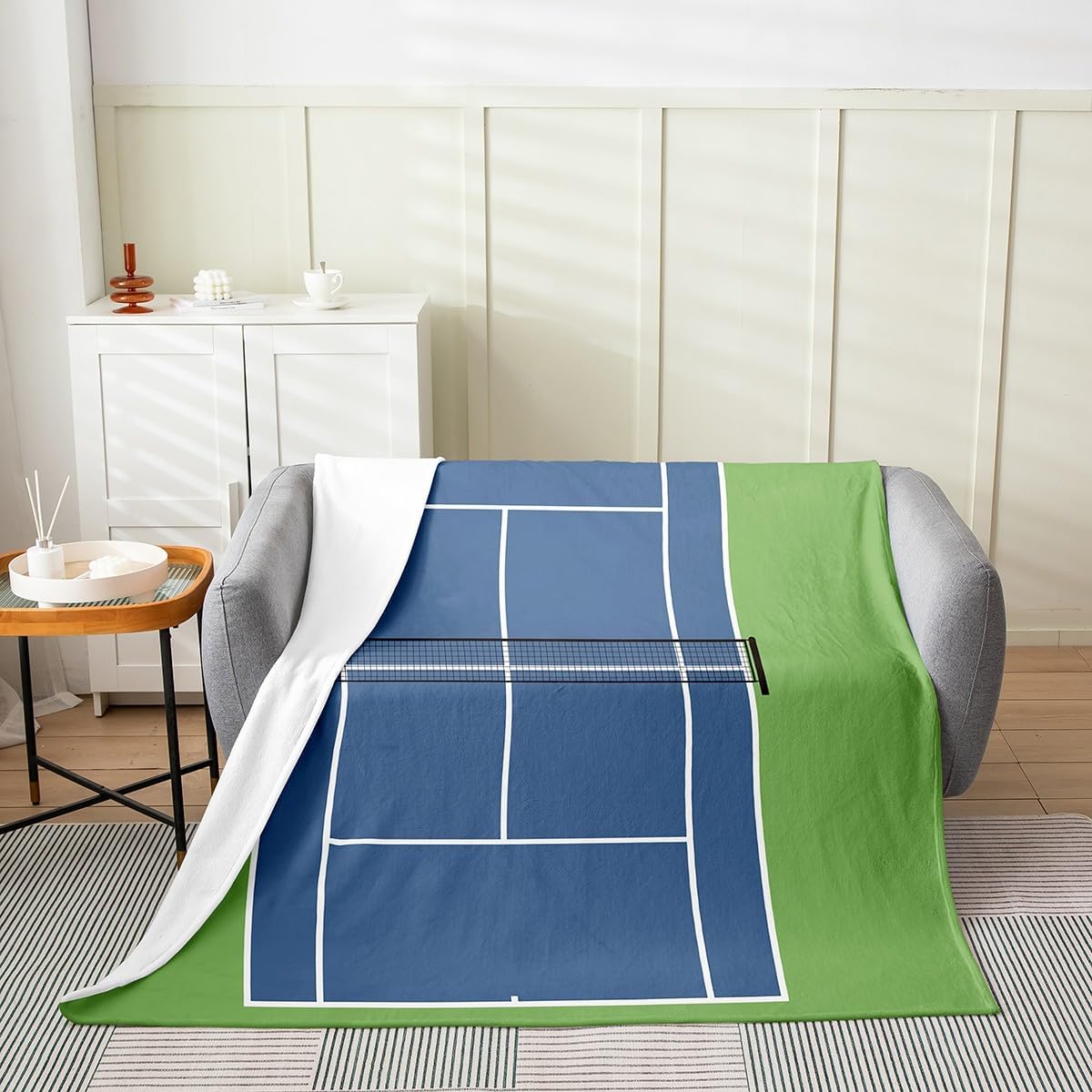 Tennis Sports Flannel Blanket for Kids Adults,Boys Men Outdoor Ball Game Breathable Flannel Plush Blanket 40"x50",Modern Tennis Court Simple Lines Fuzzy Blanket for Bed Sofa Couch All Season