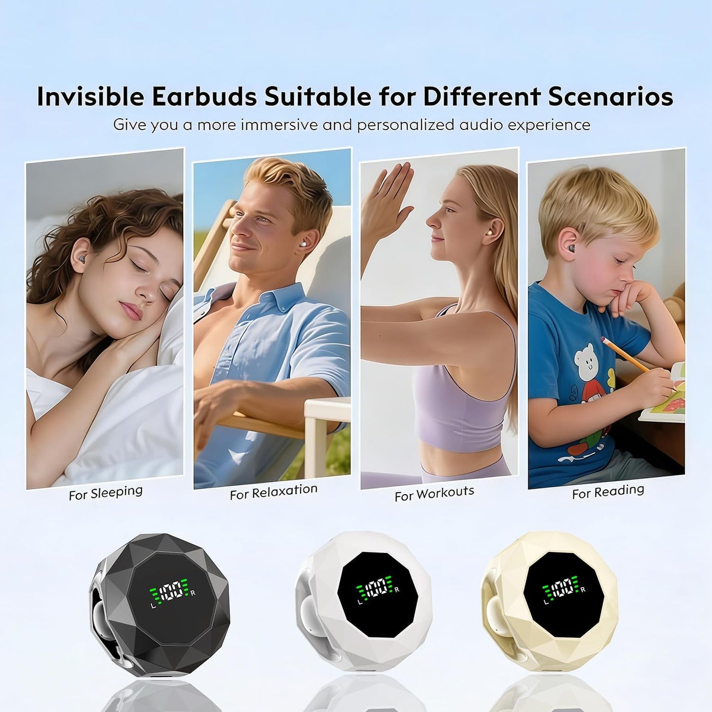 Wireless Earbuds,Invisible Sleep Headphones, Bluetooth 6.0 Headphones with ENC Noise Cancelling,Ultra Small Lightweight Half in-Ear Headphones for Sleeping, Workouts, Music-White