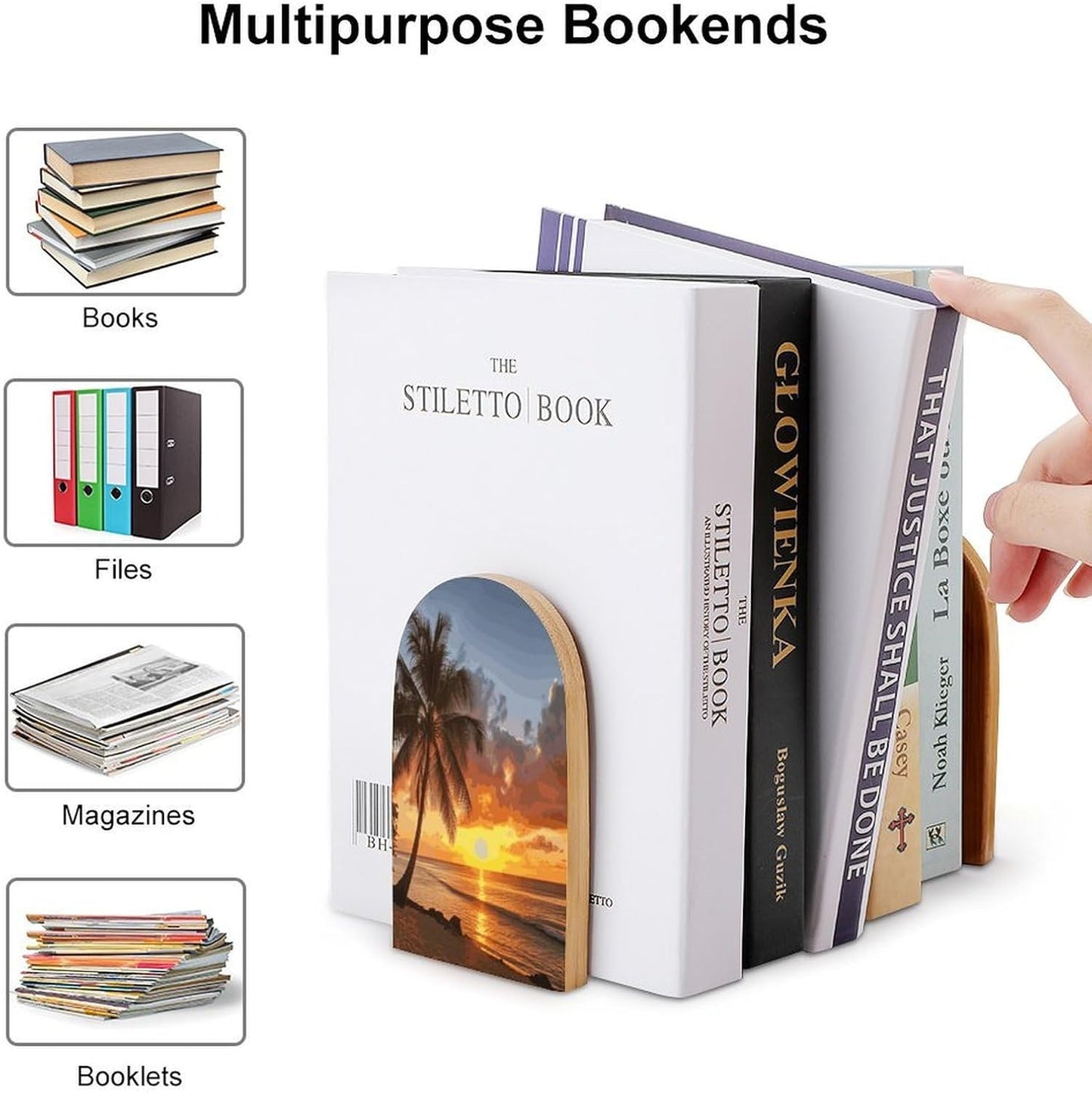 Sunset Hawaiian Palm Tree Bookends 1 Pair Heavy Duty Book Ends for Shelves Non-Skid Bookend Supports Wooden Book Holders with Metal Base Desk Organizers Books Storage to Hold Books