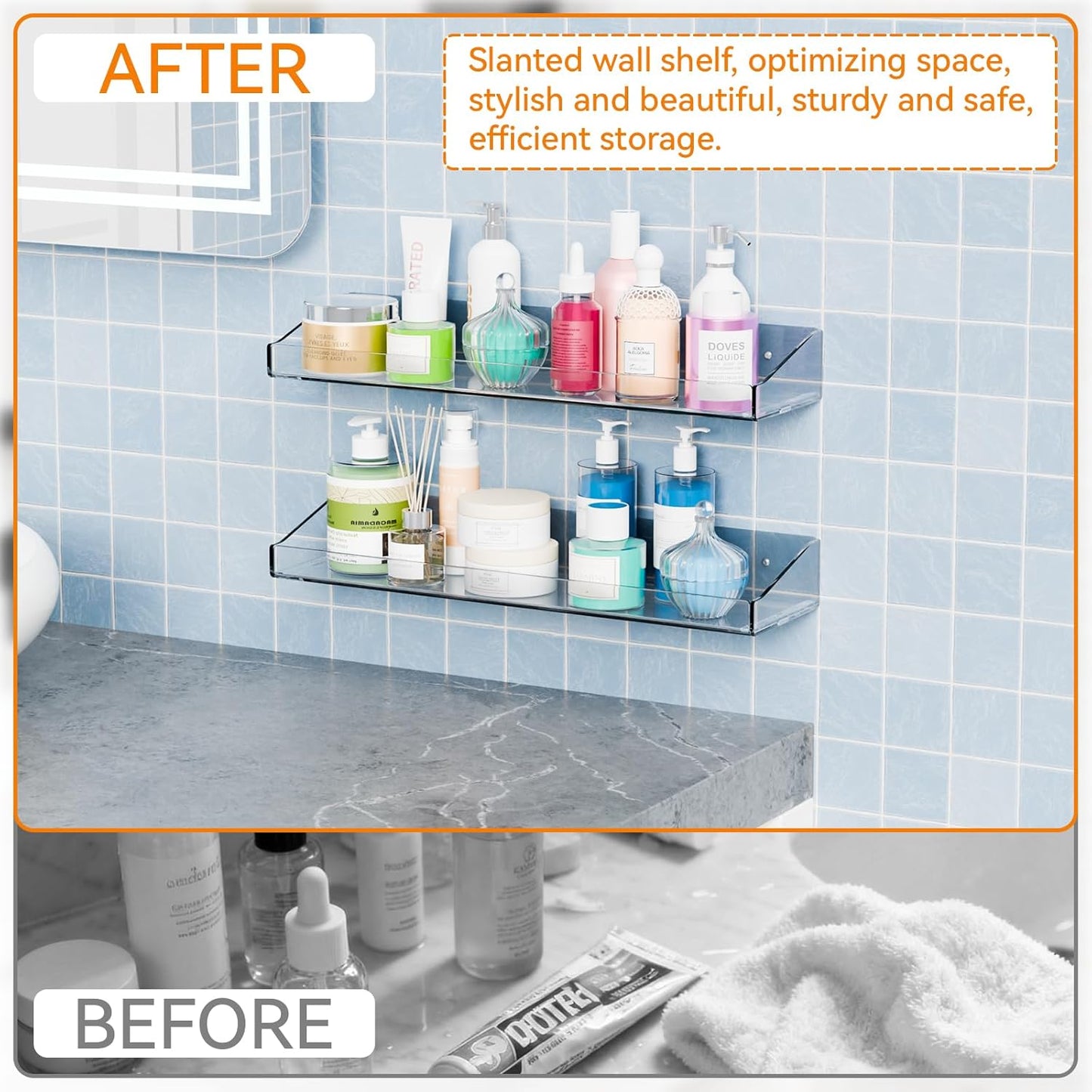 Yieach 4 Pack Adhesive Clear Bathroom Shower Shelves,No Drill Acrylic Shower Wall Caddy,Bathroom Shelf,Floating Shelves for Inside Shower Wall Organizer and Storage for Makeup,Perfume,Shampoo Holder