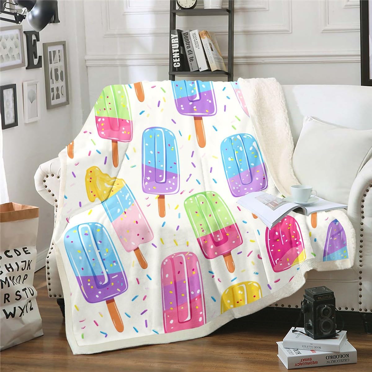 Erosebridal Kawaii Throw Blanket Watercolor Ice Cream Fleece Blanket for Kids Boys Girls,Funny Food Themed Blanket Cute Colorful Rainbow Popsicle Blanket 30"x40",Creative Children Room Decoration