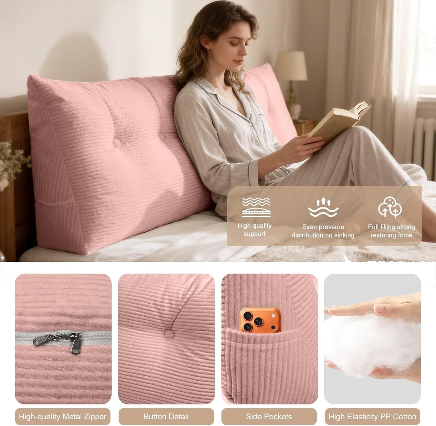 Wedge Pillow Headboard Twin/Twin XL Triangular Bed Wedge Pillow for Headboard, Headboard Pillow Reading Pillow for Daybeds and Bunk Beds with Removable Velvet Cover