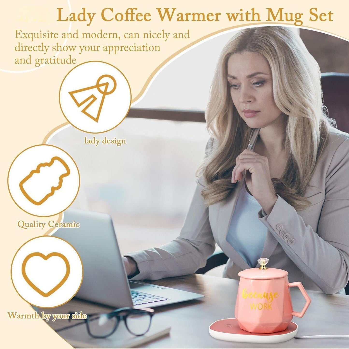 Hushee Christmas Lady Gift Coffee Mug Warmer for Women 13.5 oz Cup Warmer with Mug Set Electric Tea Water Warmers Appreciation Cup Heater with Lid Spoon and Coaster for Desk Office Home (Pink)