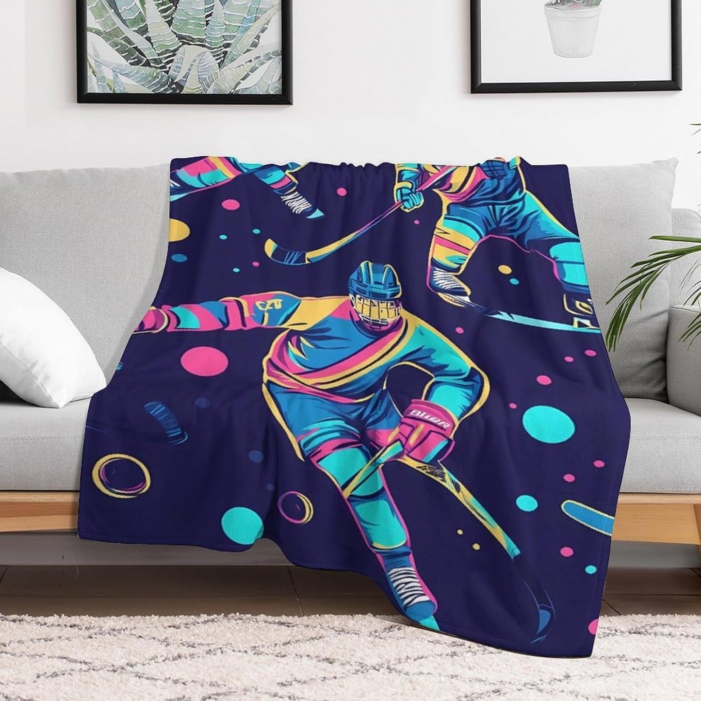 Ice Hockey Players Throw Blanket for Couch Bed Plush Cozy Fuzzy Flannel Blanket for All Season 30"x50"