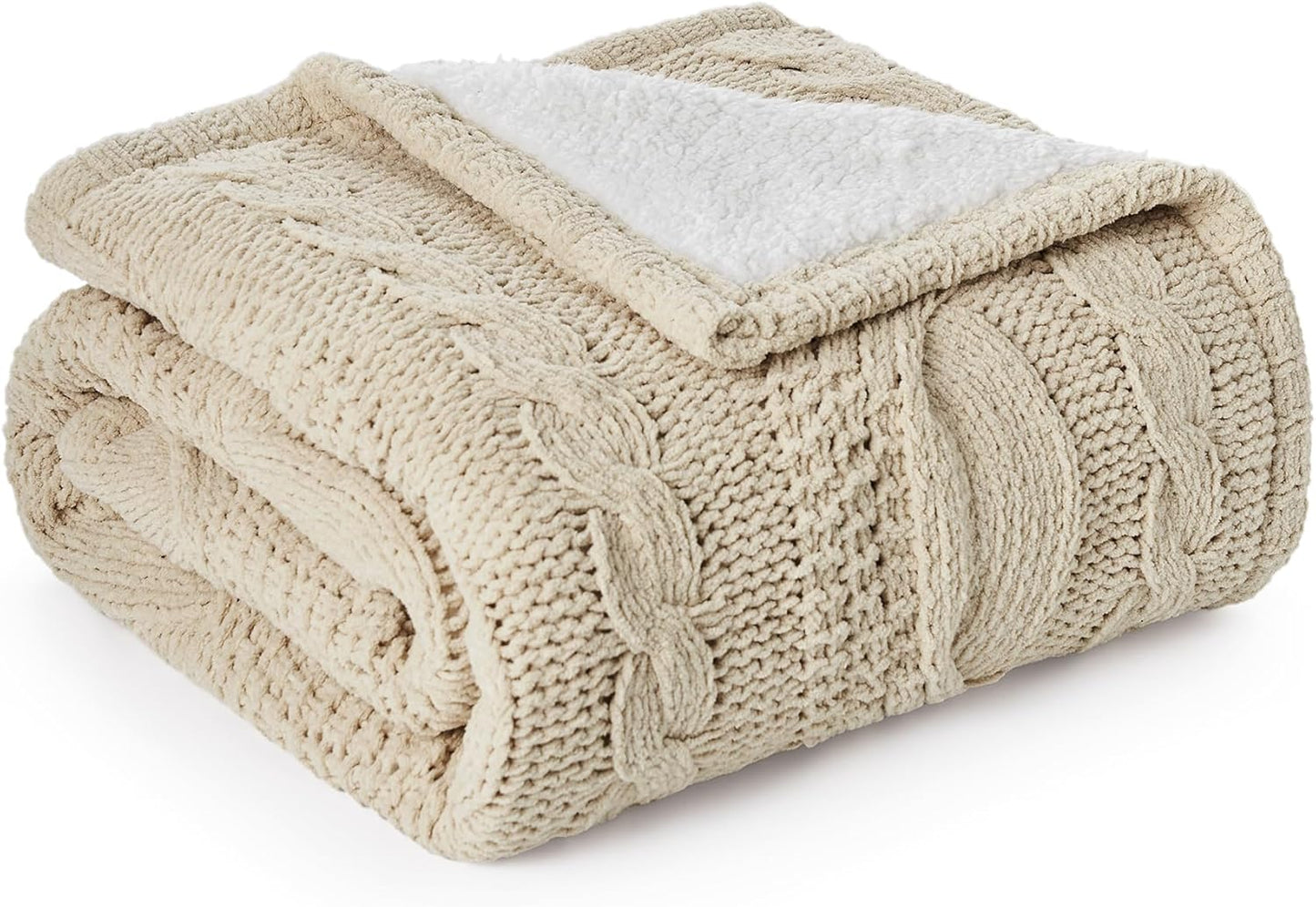 Amélie Home Cable Knit Throw Blanket for Couch, Chenille Sherpa Soft Cozy Throw Blankets for Sofa Chair Comfortable Home, 50"x60", Beige