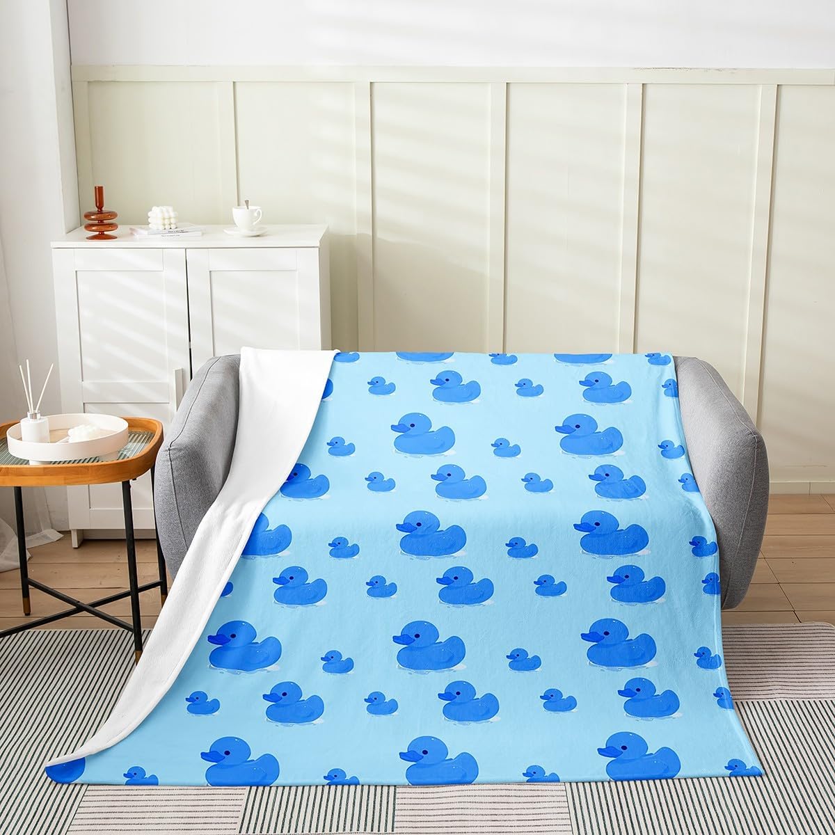 Cute Duck Kids Flannel Blanket,Cartoon Animals Fleece Blanket for Teens Girls Boys Adult Room Decor,Rustic Farm Duck Blankets Funny Blue Soft Sherpa Blanket,for Chair/Sofa,90"×90"