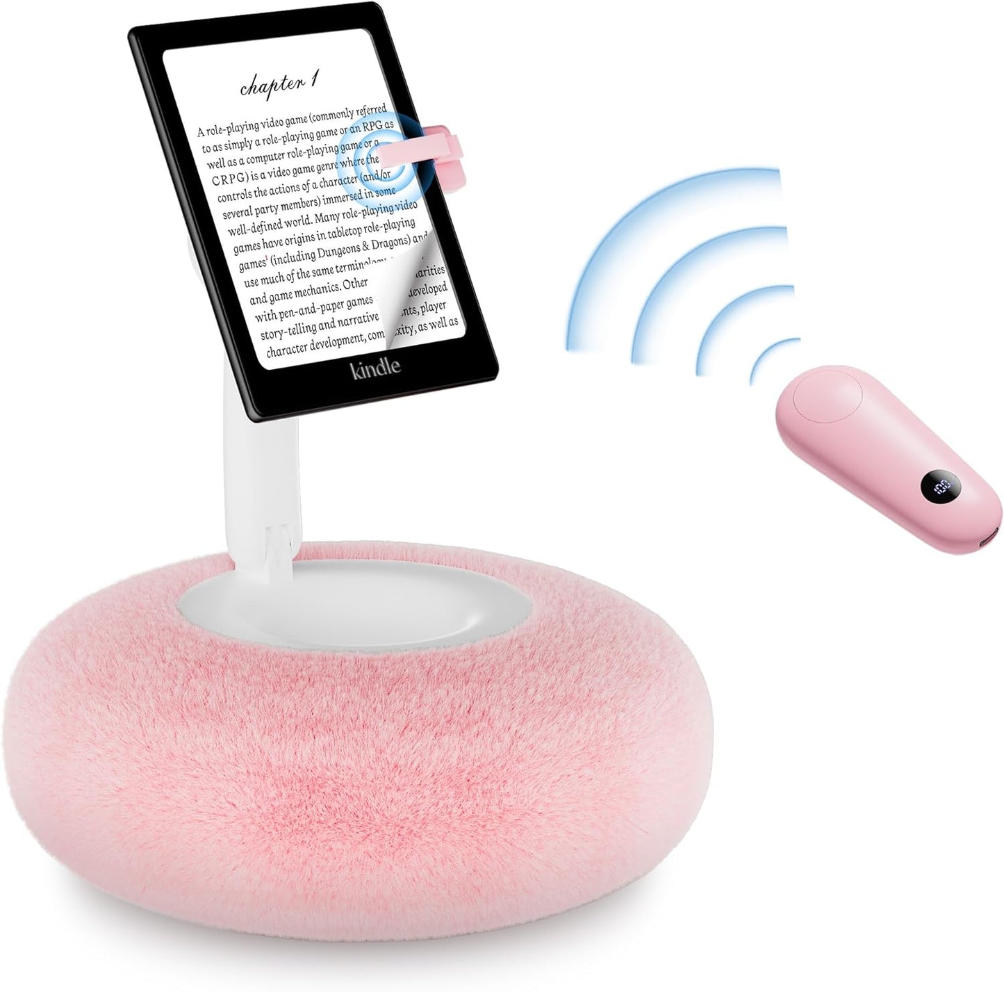 Magnetic Kindle Holder with Page Turner, Cozy Pillow Kindle Stand for Reading, 360° Adjustable Phone Holder for Bed, Small Bowl for Tablet Stand with Stable Suction Base (Pink)