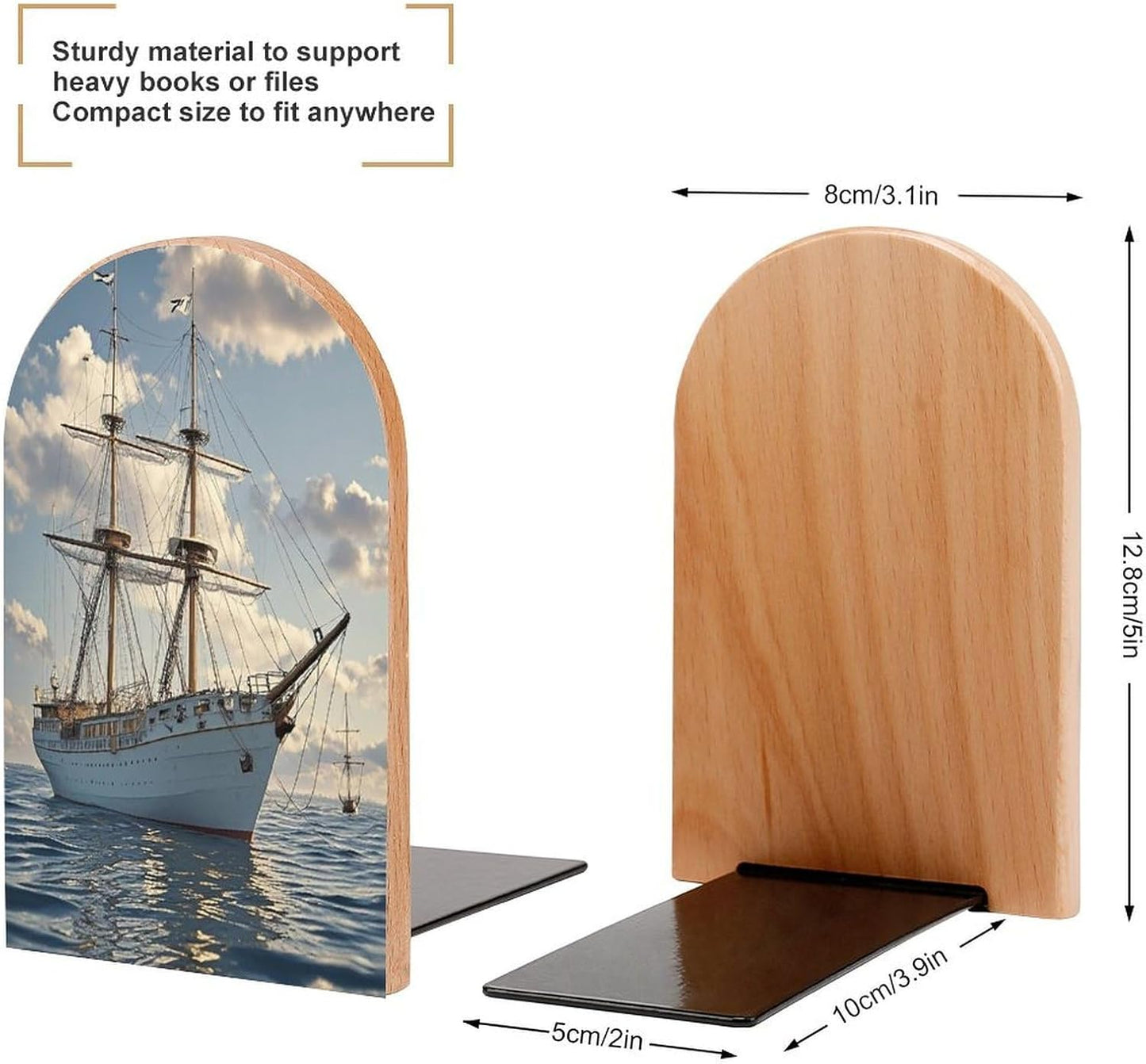 Vintage Nautical White Ship Bookends 1 Pair Heavy Duty Book Ends for Shelves Non-Skid Bookend Supports Wooden Book Holders with Metal Base Desk Organizers Books Storage to Hold Books