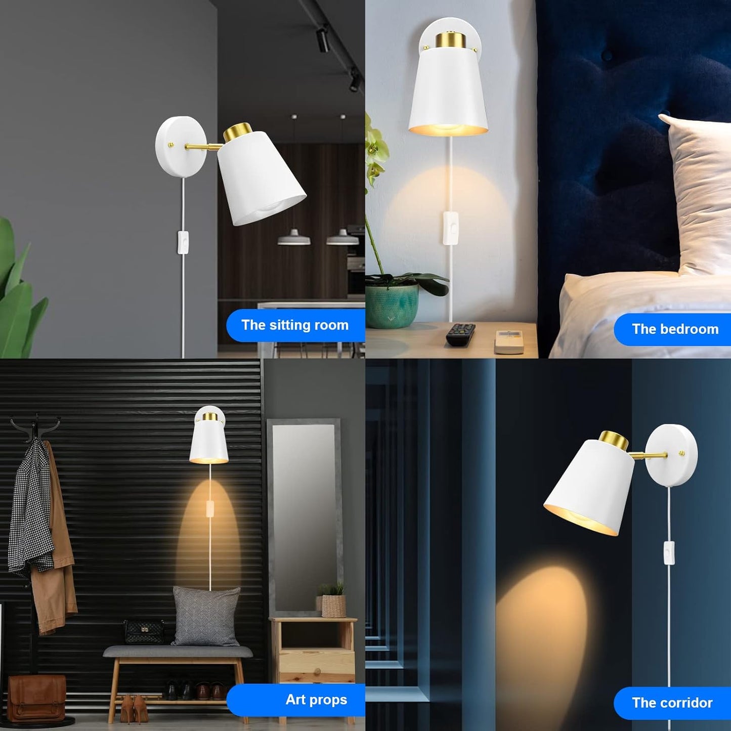 Yollzey Plug in Wall Sconces, Rotatable Angle White Wall Lamp with Plug in Cord Metal Vintage Industrial Wall Mounted Light Reading Light for Bedroom Bedside Doorway(2 Pack)