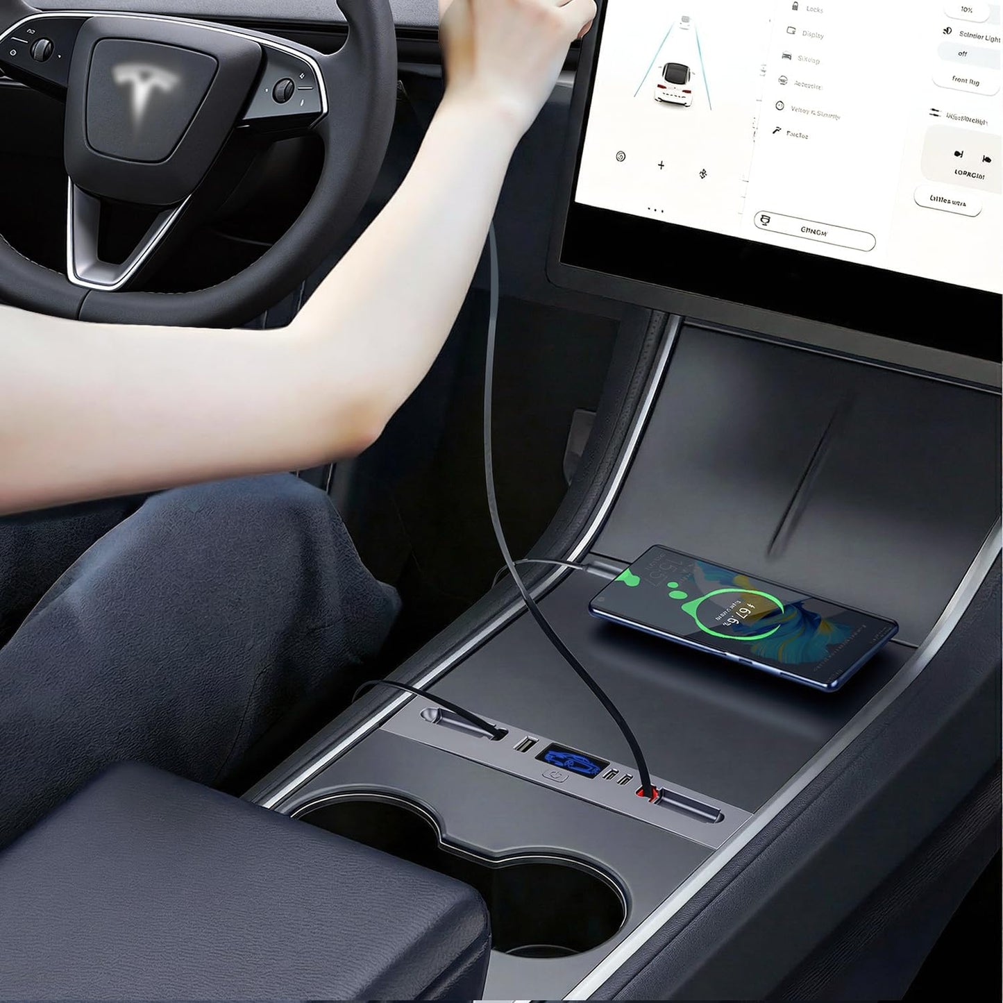 65W USB Charger Hub for Tesla Model Y Juniper 2026 & Model 3 Highland 2024 2025 Accessories, Fast Charging with Retractable Cables, 5-Port USB Charger Docking Station fit Tesla Center Console