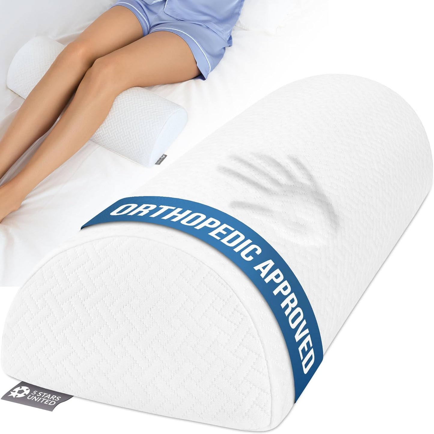 5 STARS UNITED Knee Pillow for Back Sleeping – Memory Foam Cushion for Sciatica Pain Relief – Under Leg Support for Sleeping on Back – Half Moon Bolster for Bed, White