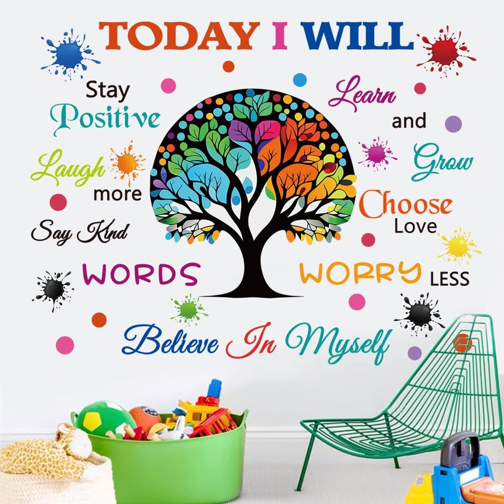 Colorful Inspirational Wall Decals Motivational Quote Today I Will Wall Stickers for Bedroom Classroom Peel and Stick Wall Decals Positive Saying Sticker (Tree Style)