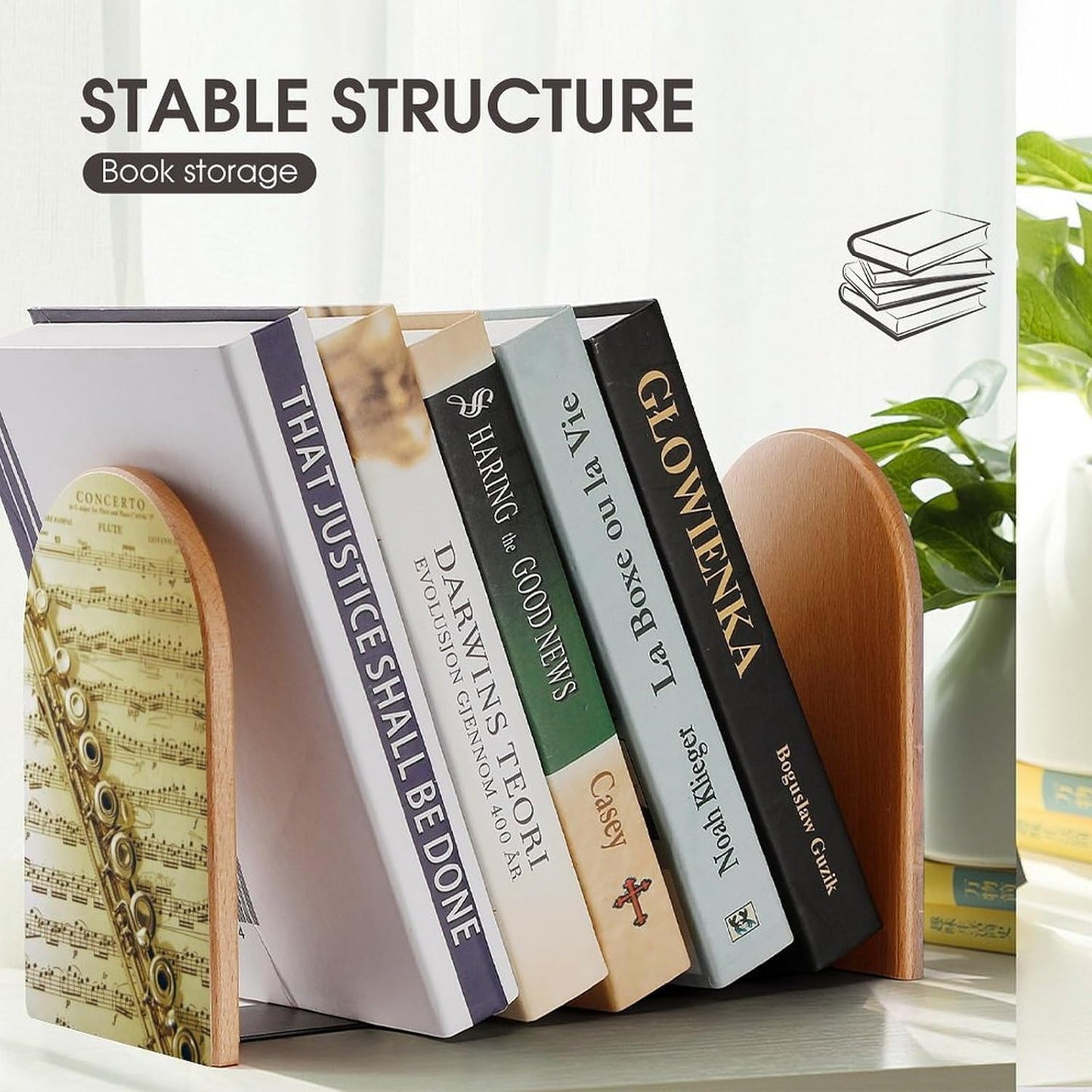 Flute Music Wooden Bookend Non-Slip Book Ends Heavy Duty Book Stopper with Metal Base Books Holderd Decorative Bookends Stands Firmly for Office Supplies
