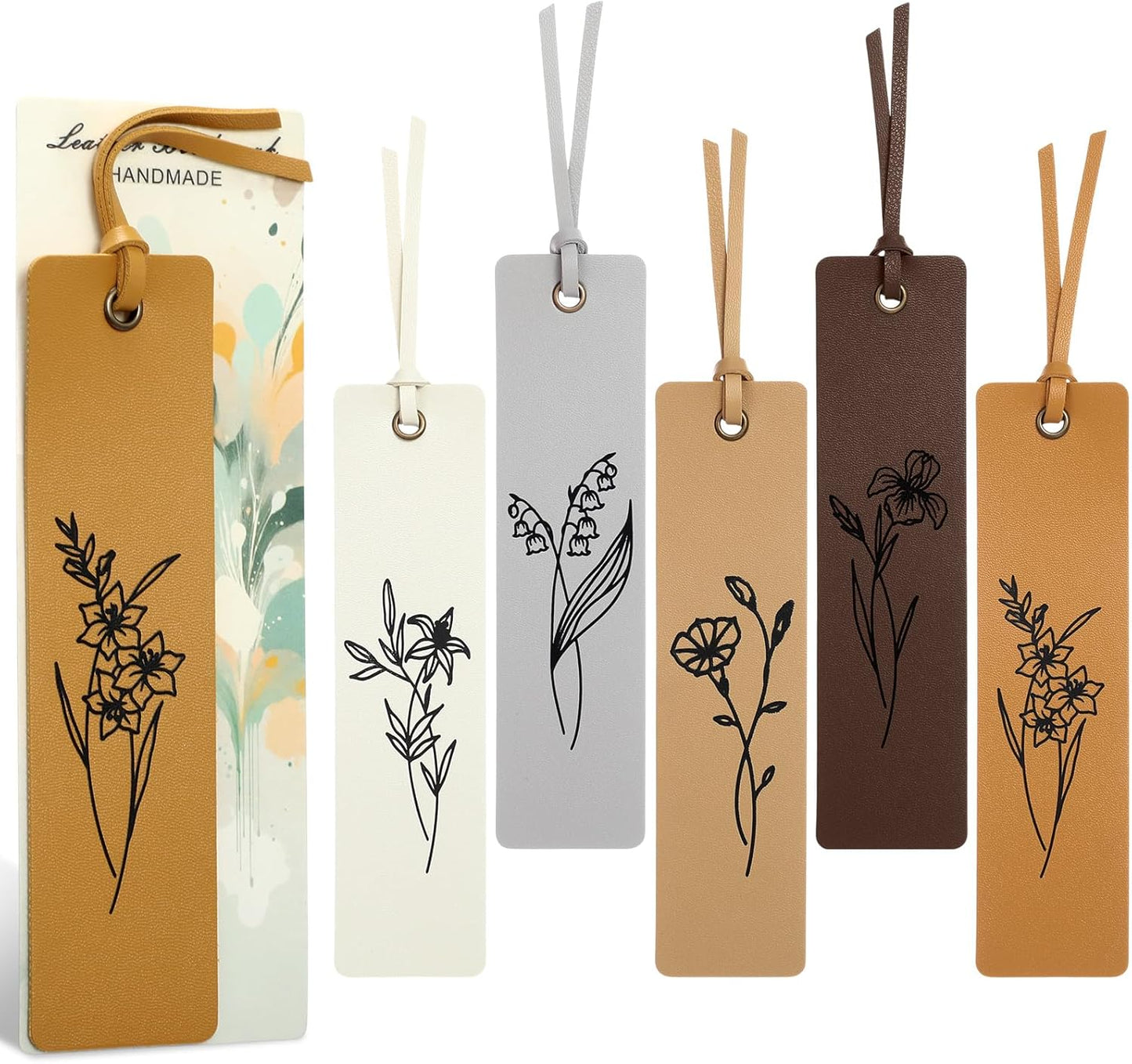 5 Pcs Flowers Leather Bookmark for Reading Bookmarks with Rope Cards Stitched Bookmark, Women Men Kids Floral Page Marker Reading Gift for Book Lover Teacher Gift School(Aesthetic Color)