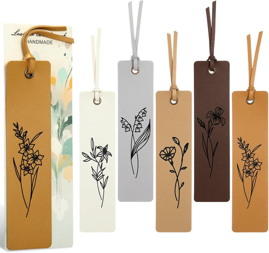 5 Pcs Flowers Leather Bookmark for Reading Bookmarks with Rope Cards Stitched Bookmark, Women Men Kids Floral Page Marker Reading Gift for Book Lover Teacher Gift School(Aesthetic Color)