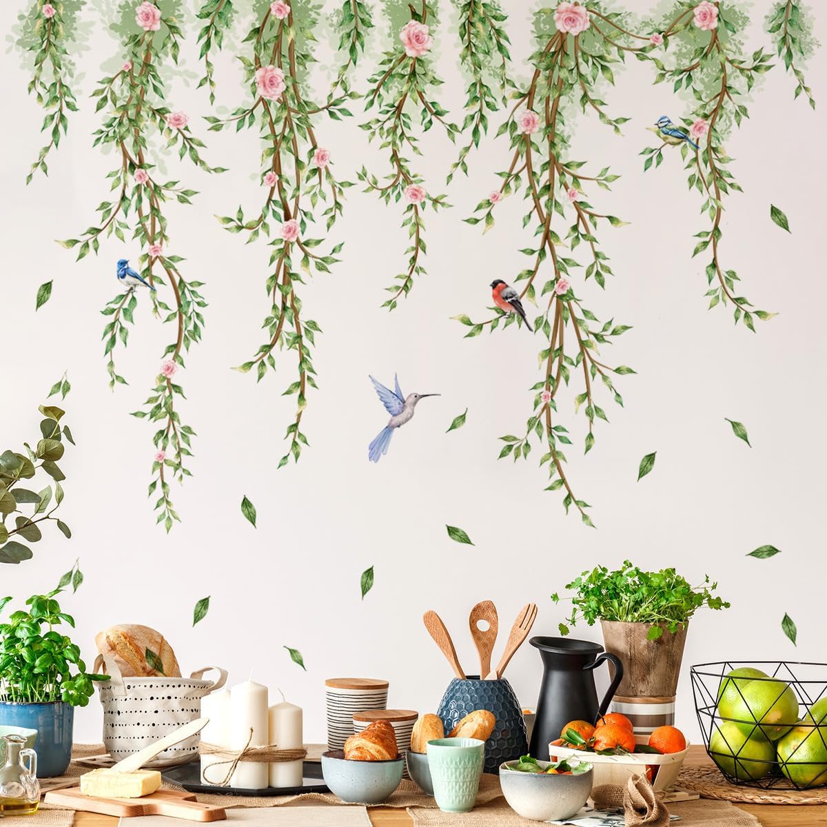 Runtoo Hanging Vines with Flowers Wall Decals Green Plant Leaves Bird Wall Stickers for Bedroom Living Room Wall Art Decor