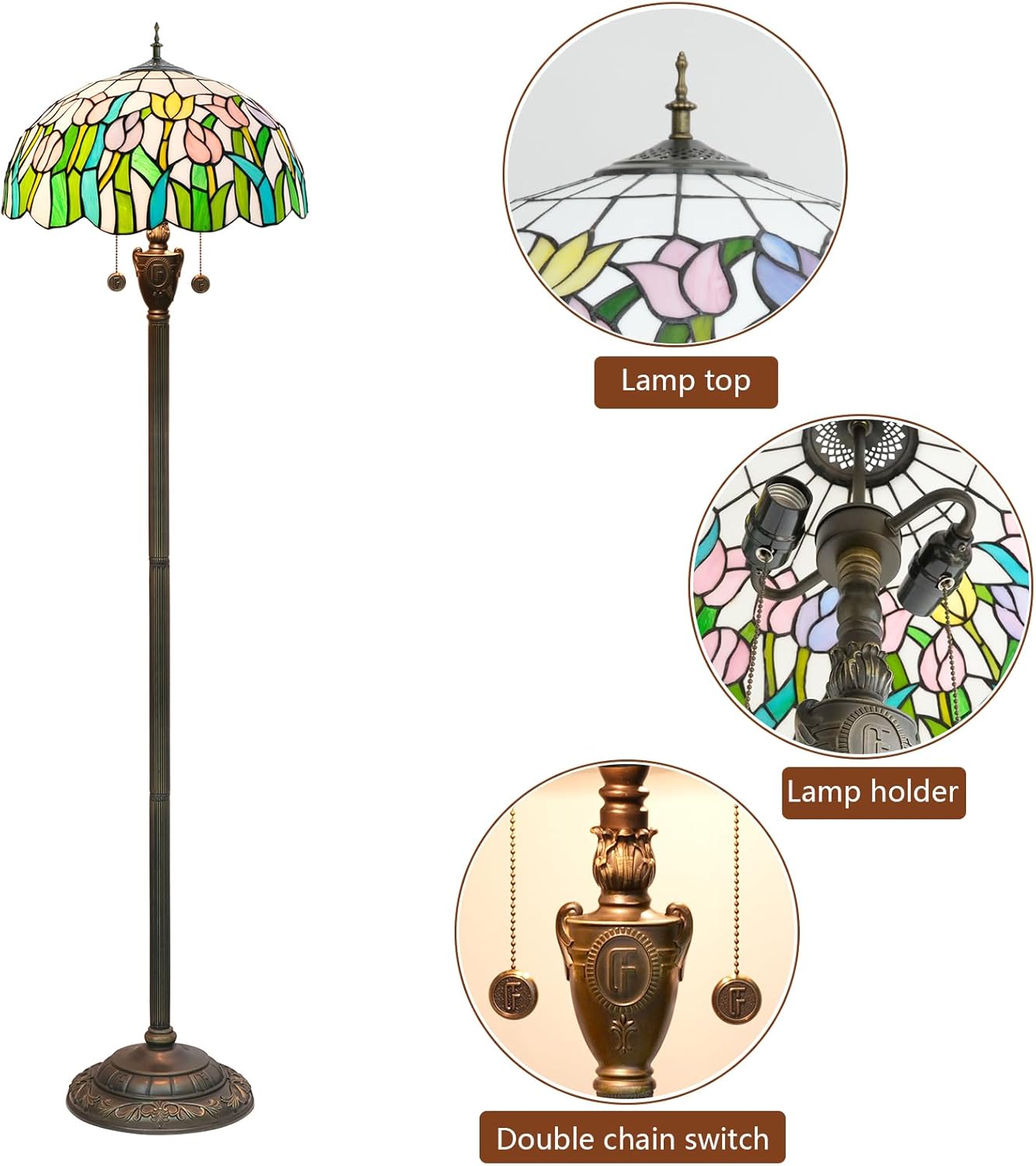 Tiffany Floor Lamp Pink Orange Tulips Stained Glass lamp for Living Room Bedroom Office Bright Lighting Rustic Corner Decor Standing Tall Unique Vintage Reading Aesthetic Light