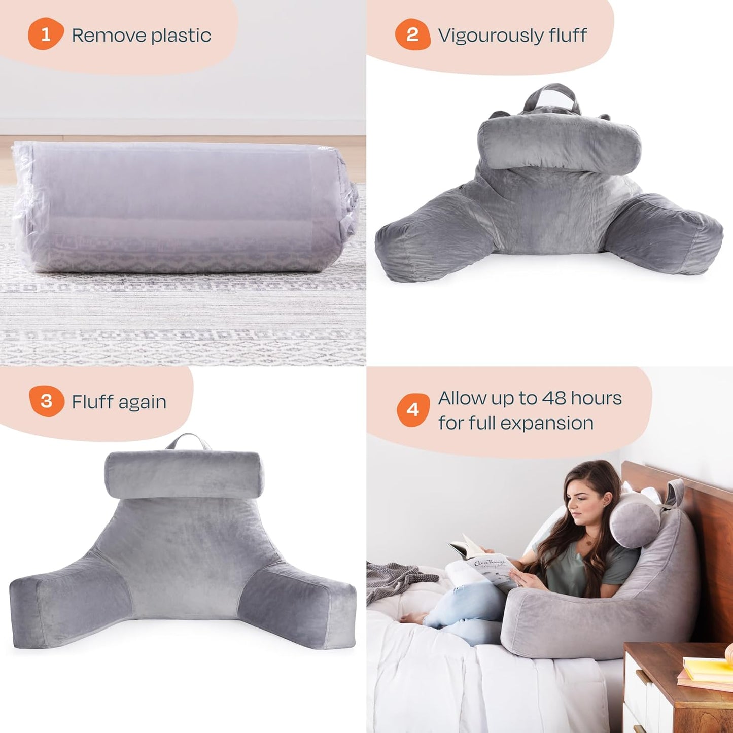 Linenspa Reading Pillow with Shredded Memory Foam- X-Large Size with Neck Support - Back Pillow for Sitting in Bed, Reading, Gaming, Watching TV – Bed Chair with Arms, Dorm Room Essentials, Stone