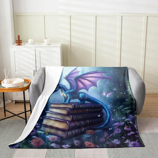 Western Dragon Flannel Blanket,Butterfly Daisy Flowers Castle Mystic Throw Blanket,Reading Books Wild Animal Cozy Throws for Bed Couch Sofa,Blue Soft and Breathable,Throw Size (50 x 60 Inches)