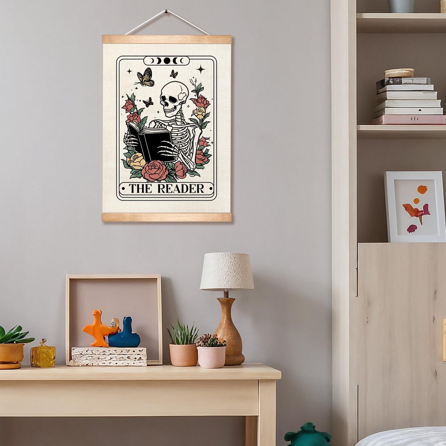 HEYJEEPER The Reader Tarot Card Wall Art, 14x18inch Gothic Skeleton Reading Books, Canvas Wall Hanging Poster,Library, Reading Corner Decor,Vintage Witchy Room Decor (Reader)