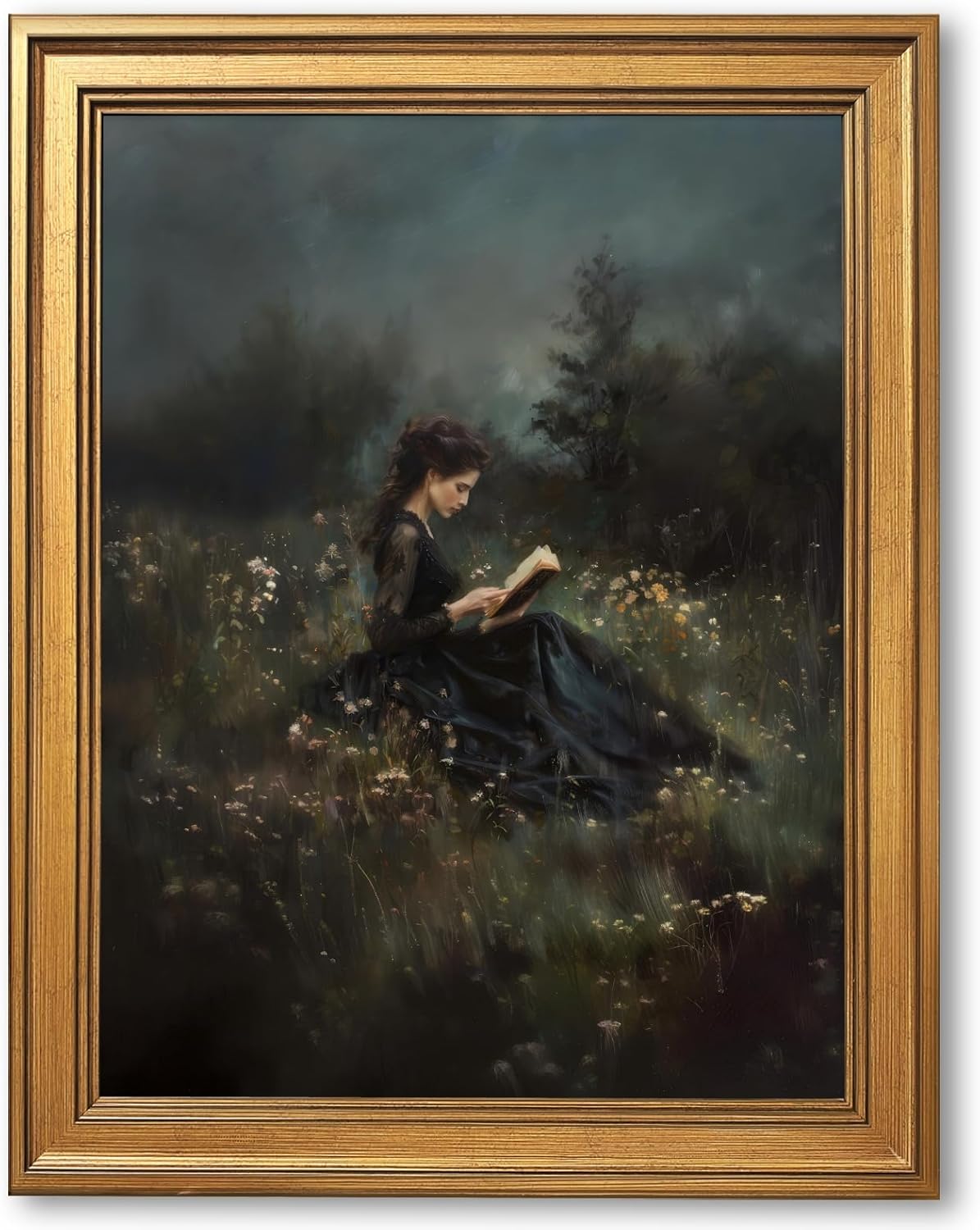 PMKXFGK Large Framed Wall Art Woman Reading in Field Poster Canvas Print Vintage Gothic Aesthetic Painting Dark Academic Pictures Wall Decor for Living Room Bedroom Apartment 24x36inch Golden Frame