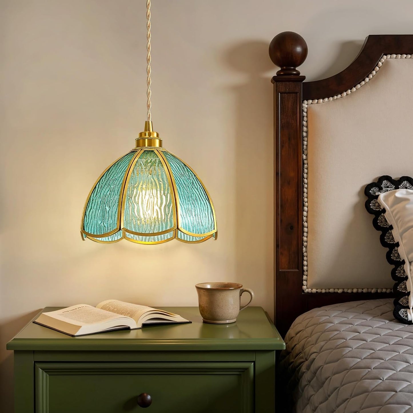 Adjustable Pendant Light for Kitchen Island with Blue Green Glass Shade - Vintage Farmhouse Hanging Light Fixture, Chandelier for Dining Room Hallway Entryway (1 Pack