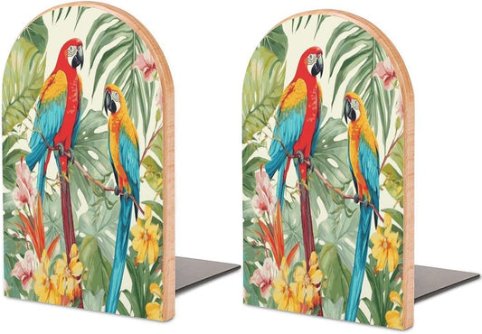 Tropical Plants and Parrots Bookends 1 Pair Heavy Duty Book Ends for Shelves Non-Skid Bookend Supports Wooden Book Holders with Metal Base Desk Organizers Books Storage to Hold Books