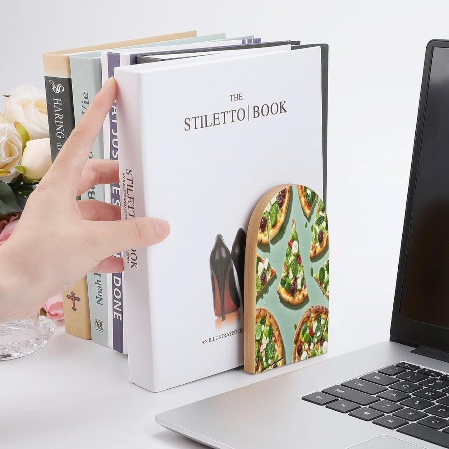 Green Pizza Slices Bookends 1 Pair Heavy Duty Book Ends for Shelves Non-Skid Bookend Supports Wooden Book Holders with Metal Base Desk Organizers Books Storage to Hold Books