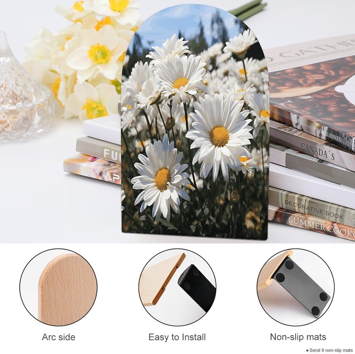 Wild White Daisies Bookend for Shelves Wooden Book End Large Size Sturdy Book Holders Stoppers with Metal Base for Bookshelves Slick Decorative Bookends Stands