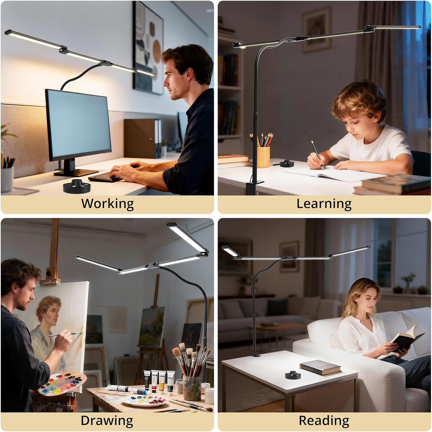Desk Lamp, Clamp Desks Lamps for Home Office, 24W Flexible Gooseneck Table Lamp, 10 Color Modes & Brightness Eye-Caring Desk Light w/USB Adapter (12V2A Black)