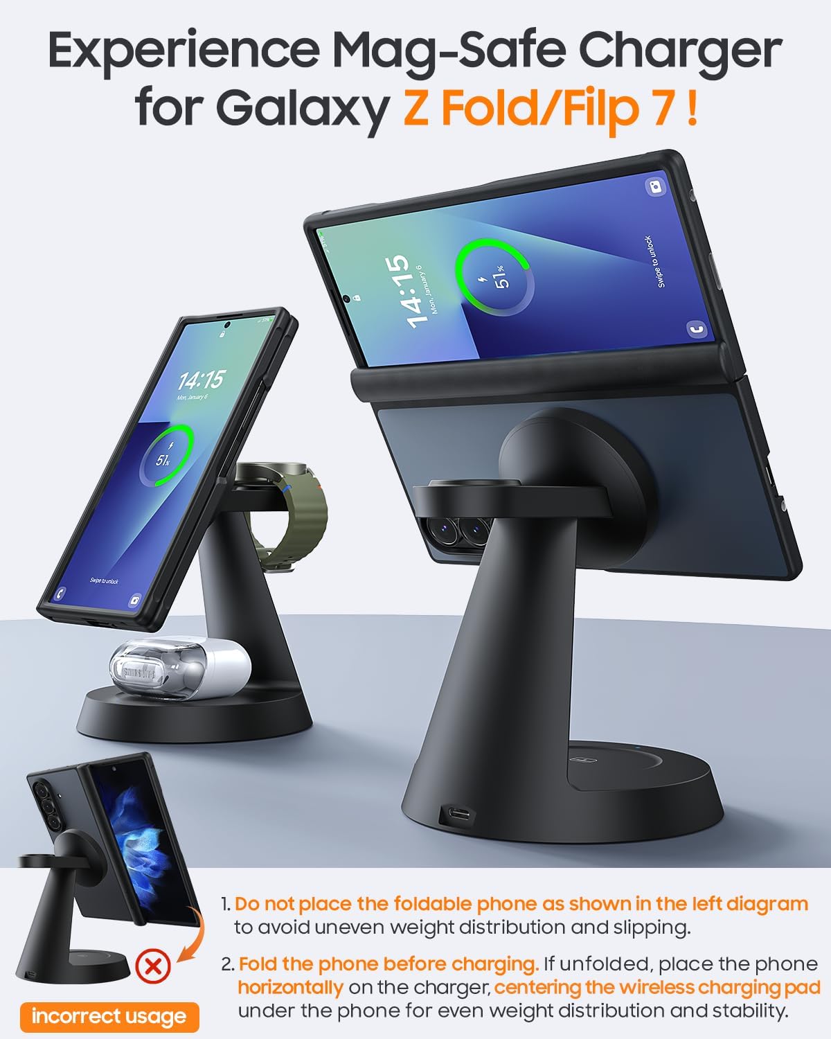 Magnetic Wireless Charger for Samsung, 3 in 1 Charging Station Compatible with MagSafe Samsung Charger for Galaxy S26 Ultra S25 Z Fold7/Flip7, Watch Charger Stand for Galaxy Watch Ultra 8 7, for Buds