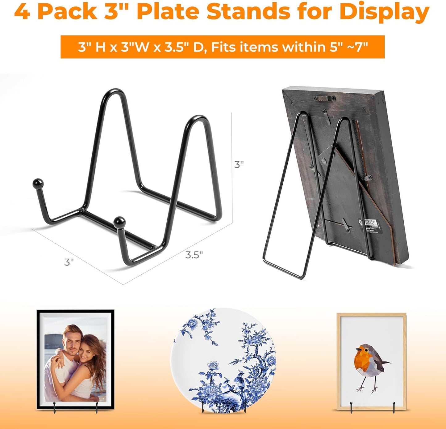 Bilillo Plate Stands for Display - 3 Inch Plate Holder + Metal Frame Stand for Picture, Decorative Plates, Books, Photos, Easel (1 Pack)