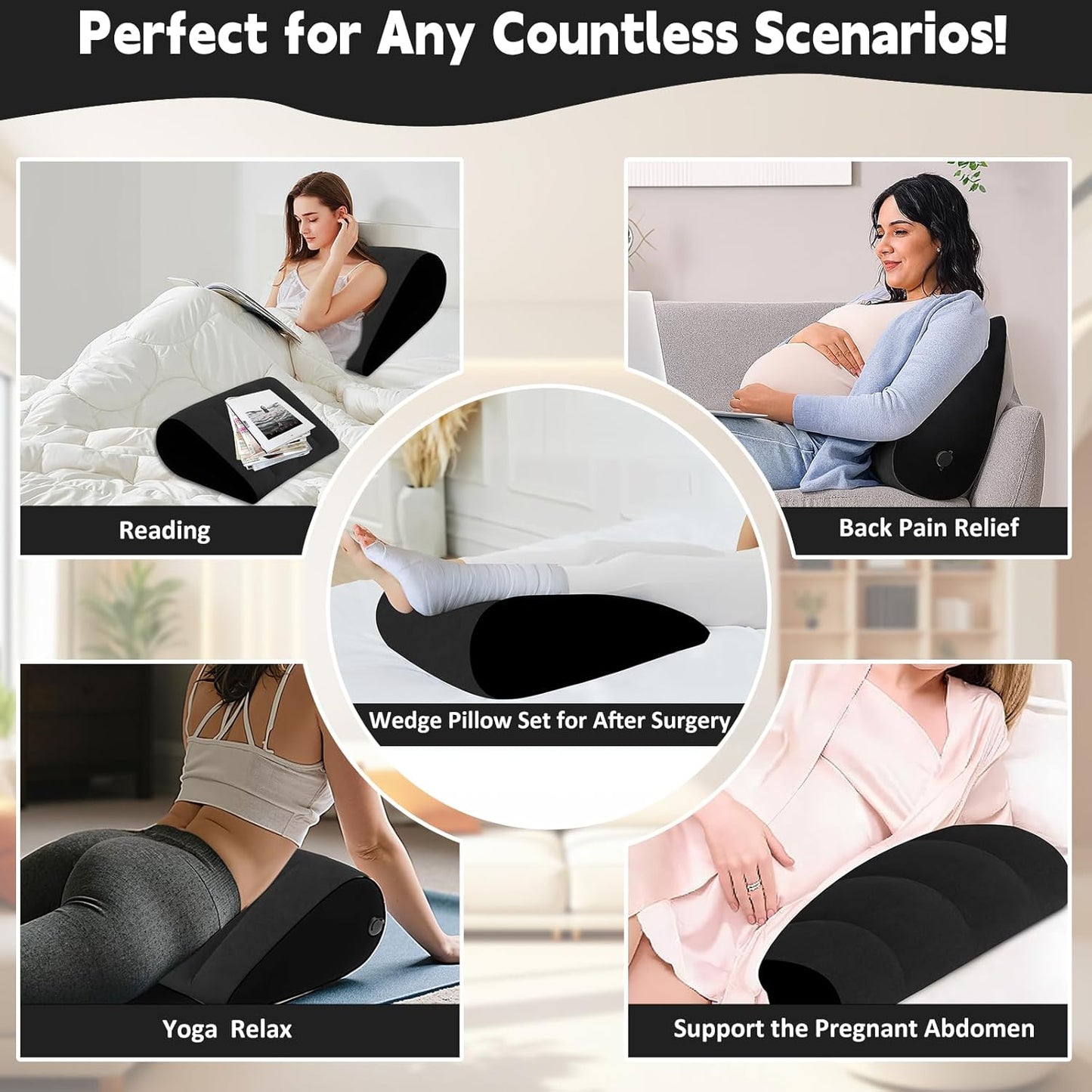 Prosixtoy Portable Wedge Pillow Inflatable Cushion - Body Positioners Lightweight Wedge Pillow for Sleeping, Leg Elevation, Use in Bed, Travel, Camping, Fast Inflating Deflation (Black)