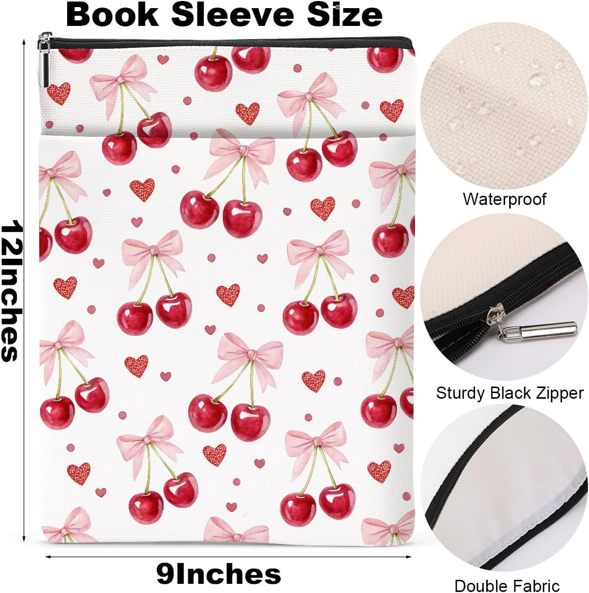 Cherry Bows Decor Book Lovers Gifts Waterproof Book Sleeve Books Pouch Books Protector with Zipper and Front Pocket Bookish Gifts Cover Case for Women Girl Friend Reader Reading Accessories