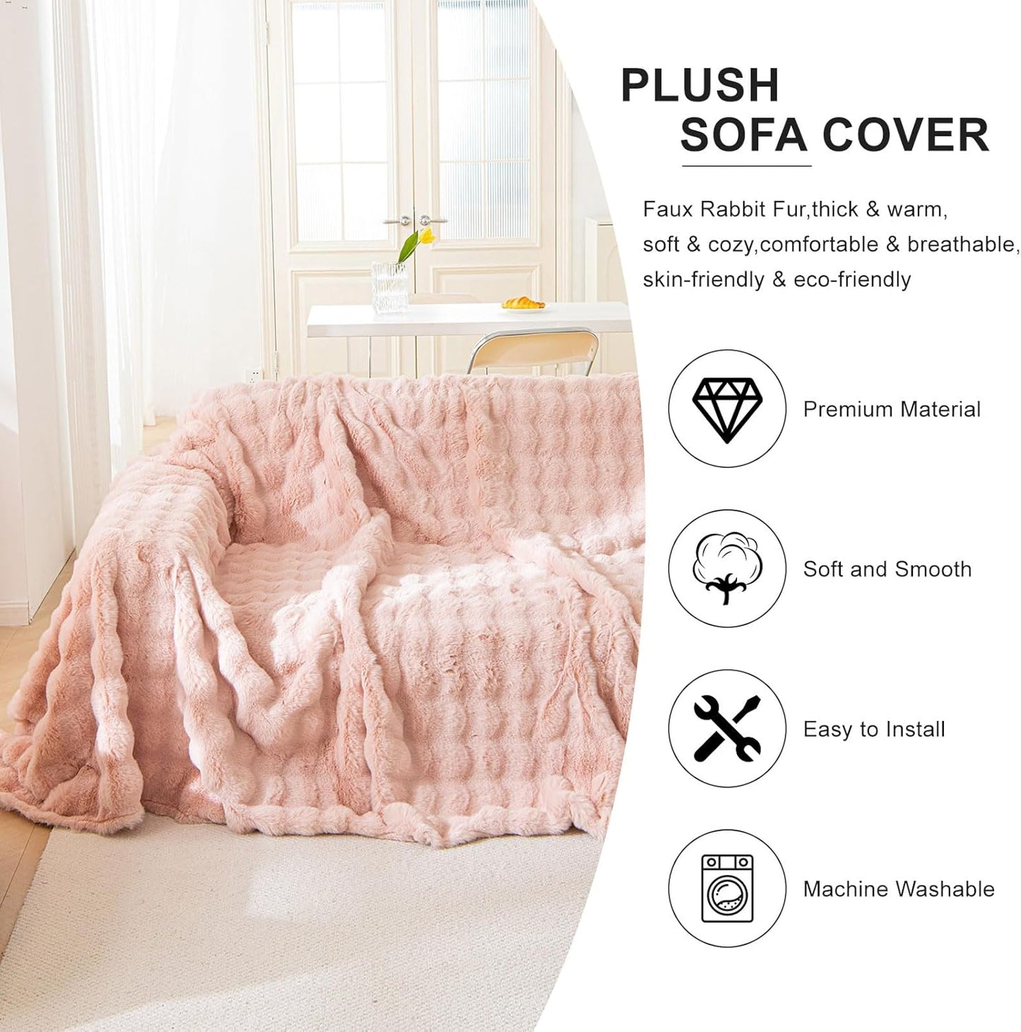 Pink Faux Fur 1 Piece Couch Cover Fluffy Sofa Slipcover Ultra Soft Universal Sofa Cover Cozy Sofa-Bed Throw Blanket Washable,71x134’’ for Dogs Pets Kids