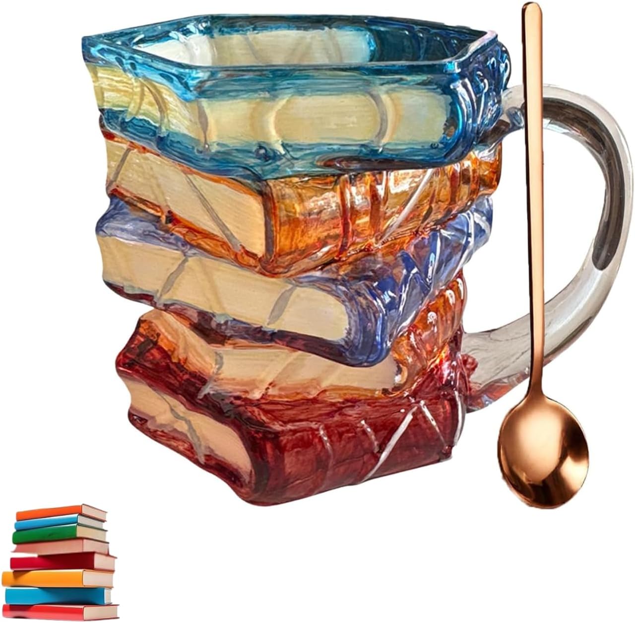 Painted Book Mug for Women Book Lovers - Heat-Resistant Borosilicate Glass Coffee Tumbler with Hand-Painted Design, 11oz Cool Funny Bookish Cup (1+spoon)