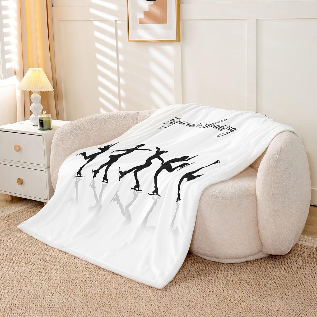 Ice Skating Throw Blanket Girls Skater Dancing Fleece Blanket Gymnastics Silhouette Bed Blankets for Kids Teens Room Decor,Modern Simple Black White Fuzzy Blanket,for Chair/Sofa,30"×40"