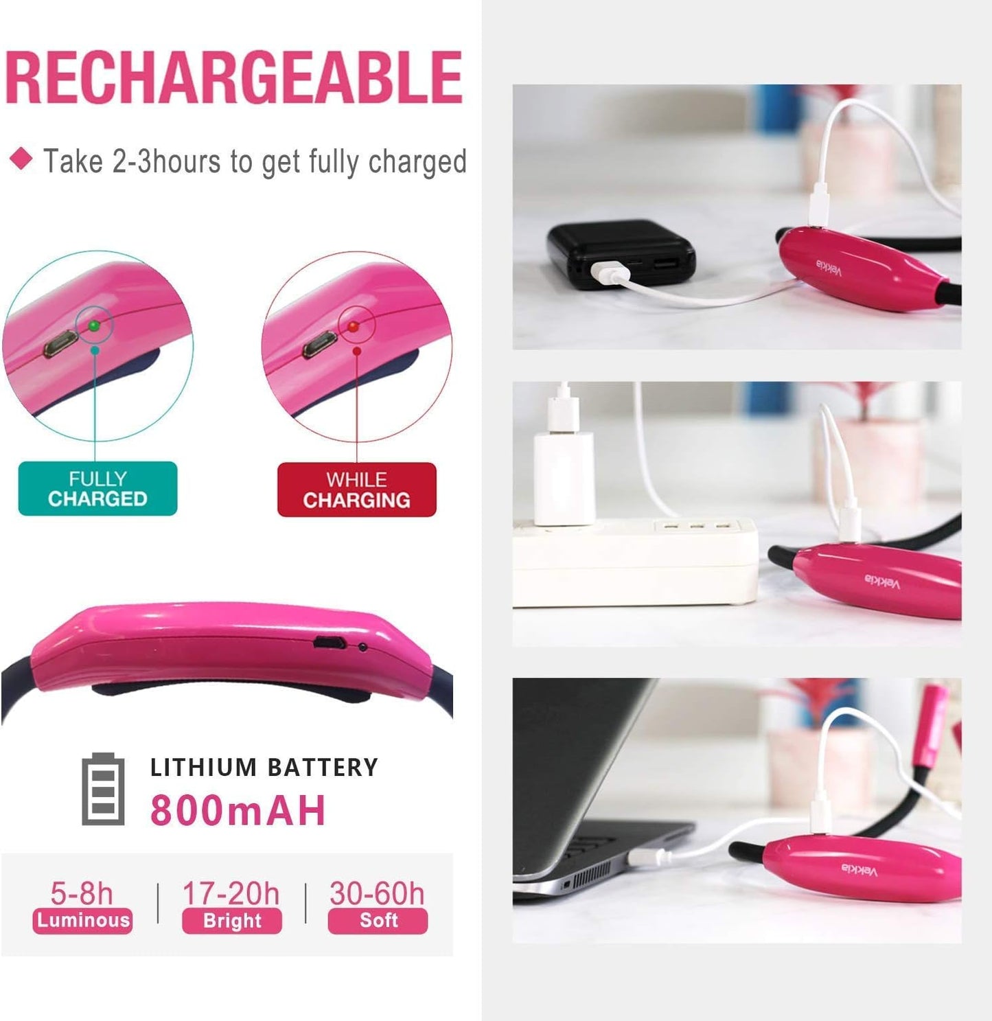 Vekkia Lightweight Neck Reading Light - 3 Colors, 9 Brightness. Rechargeable, Hands - Free, Portable. for Bed Reading, Knitting, Sewing, Crafting. Appeals to Repair & Craft Fans （Pink