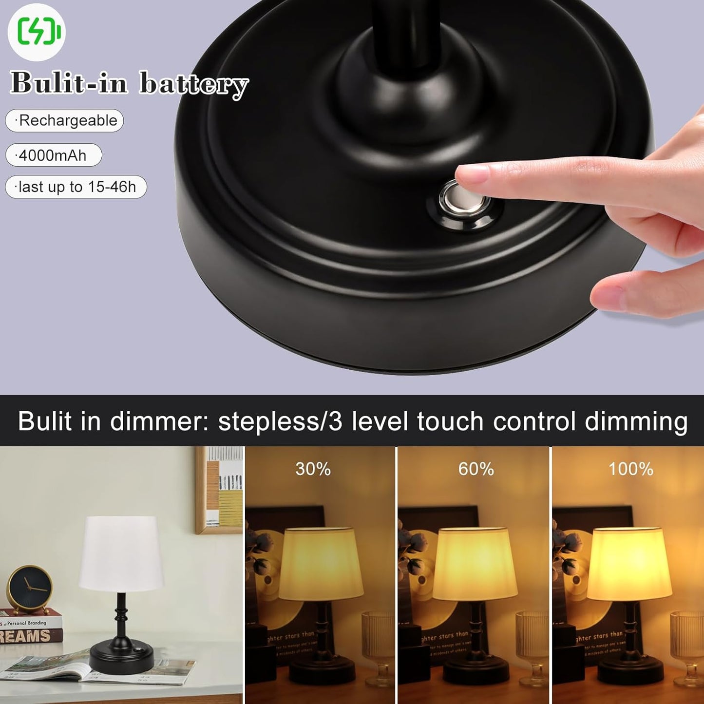Cordless Table Lamp, 4000mAh Rechargeable Battery Operated Lamp, 3-Level Brightness Touch Small Lamps for Bedroom Living Room Bedside Bathroom Ambient Lighting Desk Lamp Cute Home Decoration(Black)
