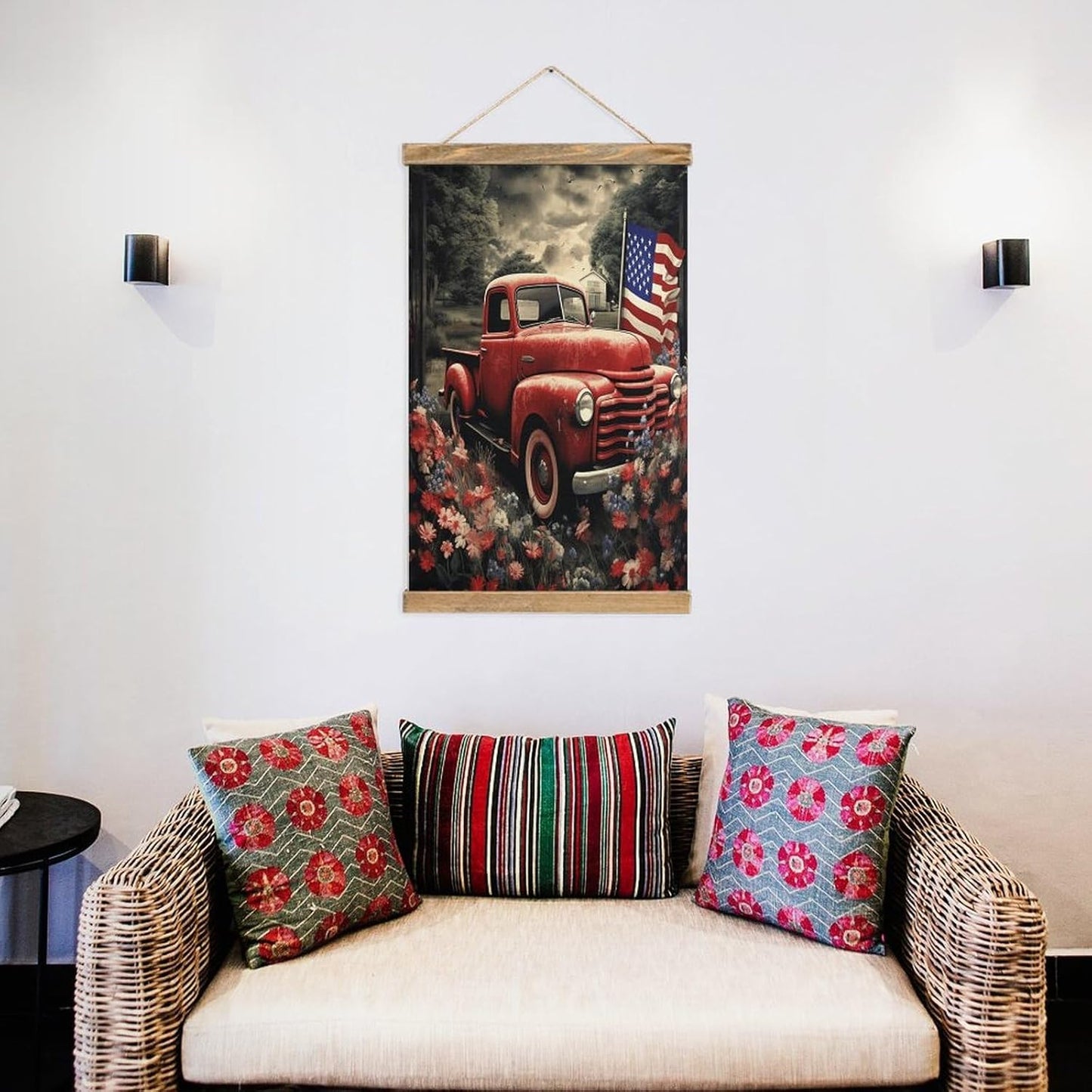 Vintage 4th Of July Patriotic Old Red Truck Poster with Wooden Frame Personalized Linen Hanging Scroll Painting Rustic Wall Hanging Illustrative Modern Artwork Decor for Home Living Room Bedroom Offic