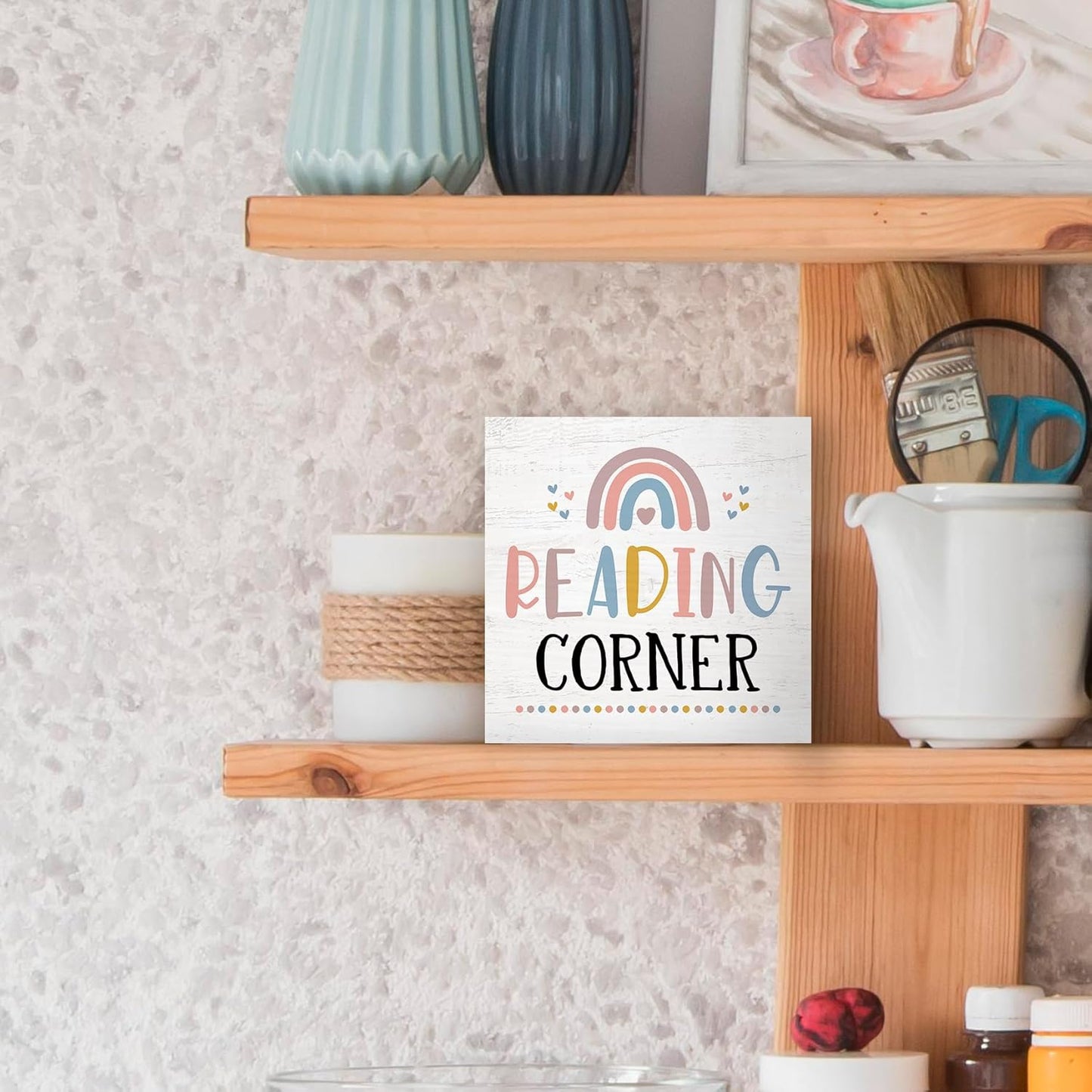 Reading Corner Wood Box Sign Desk Decor 5x5, Reading Nook, Boho Classroom Decor, Book Lover Gift Wooden Block Sign Decorations for Nursery Library Playroom Bookshelf Room Wall Tabletop Shelf