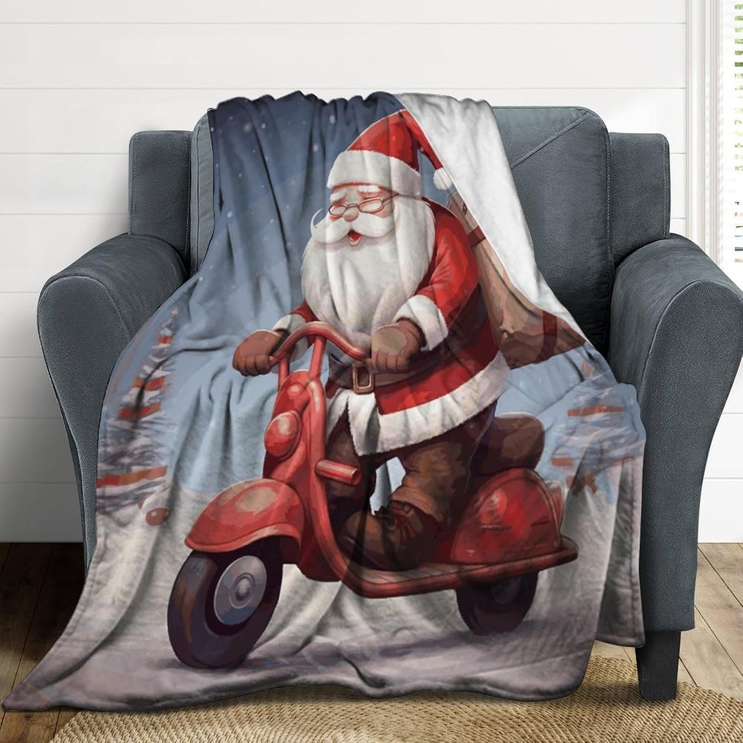 Santa Claus on Scooter Blanket Super Soft Lightweight Throw Blanket Cute Cozy Warm Bed Blanket Decorative Fuzzy Blanket All-Season Home Decor Gift for Sofa Couch Living Room 30"*40"（76 * 100cm）