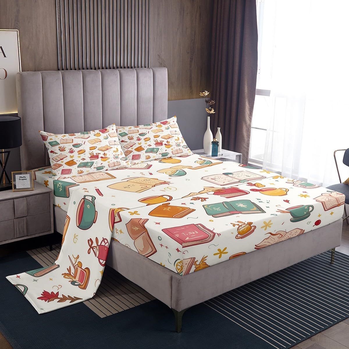 Erosebridal Cartoon Books Bed Sheets Set Coffee Botanical Maple Leaf Sheet Set Twin Autumn Reading Themed Sheets for Kids Boys Girls Teens Bedroom Decor