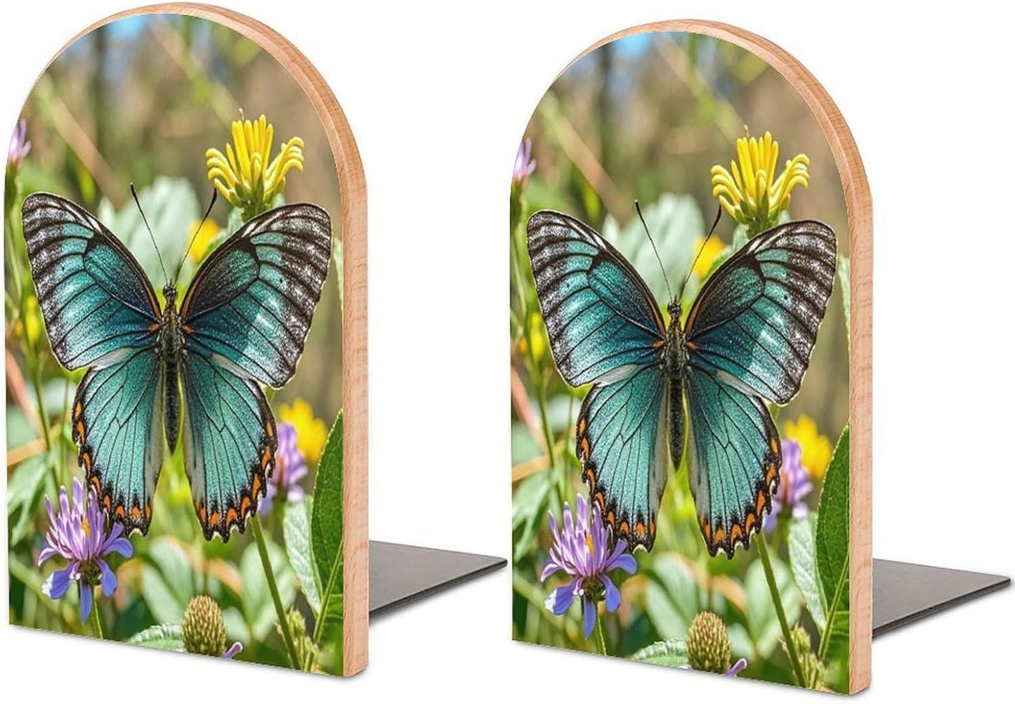 Charming Butterfly Bookends 1 Pair Heavy Duty Book Ends for Shelves Non-Skid Bookend Supports Wooden Book Holders with Metal Base Desk Organizers Books Storage to Hold Books